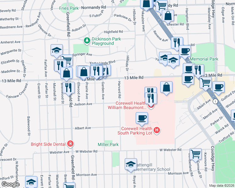 map of restaurants, bars, coffee shops, grocery stores, and more near 3329 Harvard Road in Royal Oak