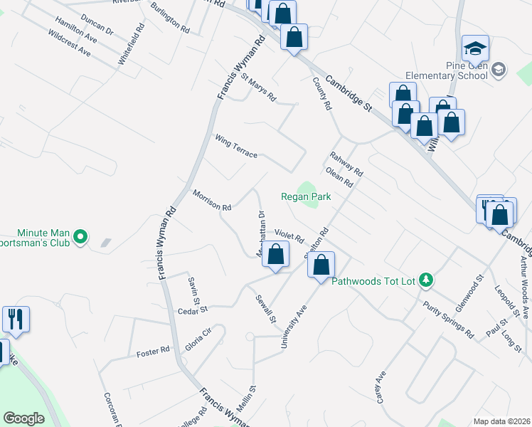 map of restaurants, bars, coffee shops, grocery stores, and more near 36 Manhattan Drive in Burlington