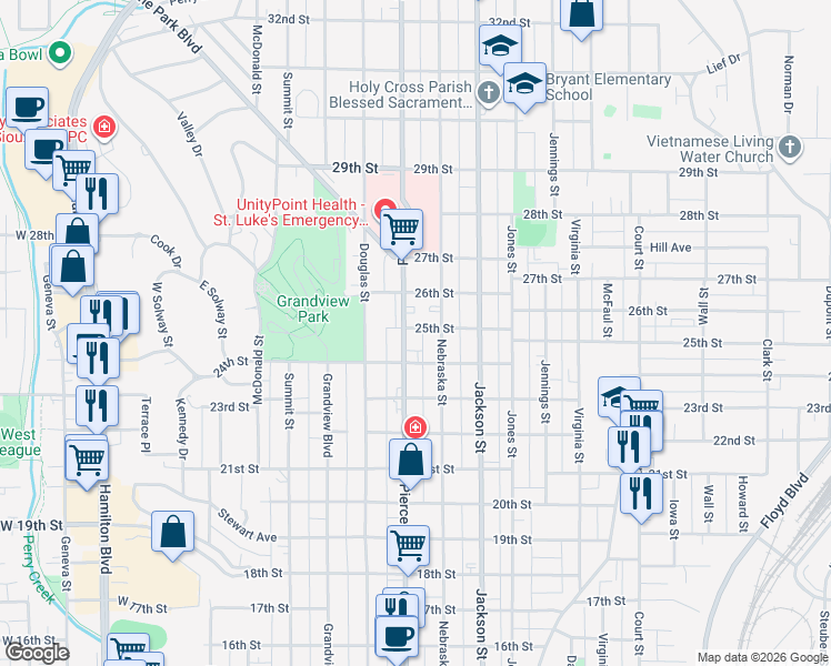 map of restaurants, bars, coffee shops, grocery stores, and more near 2400-2498 Pierce St in Sioux City