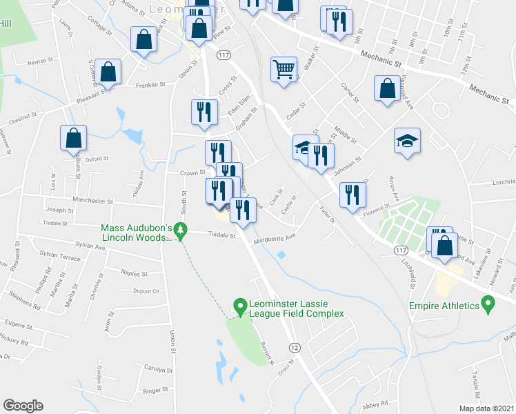 map of restaurants, bars, coffee shops, grocery stores, and more near 105 Lincoln Terrace in Leominster