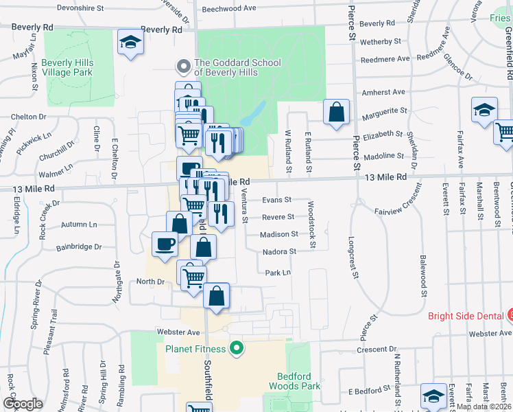 map of restaurants, bars, coffee shops, grocery stores, and more near 17501 Evans Street in Southfield