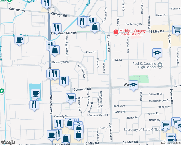 map of restaurants, bars, coffee shops, grocery stores, and more near 8481 Kennedy Circle North in Warren