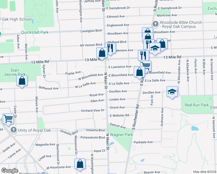 map of restaurants, bars, coffee shops, grocery stores, and more near 2912 North Main Street in Royal Oak