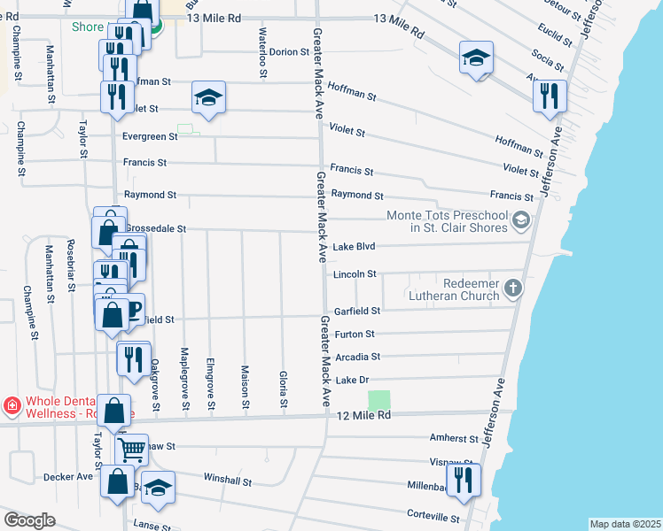 map of restaurants, bars, coffee shops, grocery stores, and more near 30110 Greater Mack Avenue in St. Clair Shores