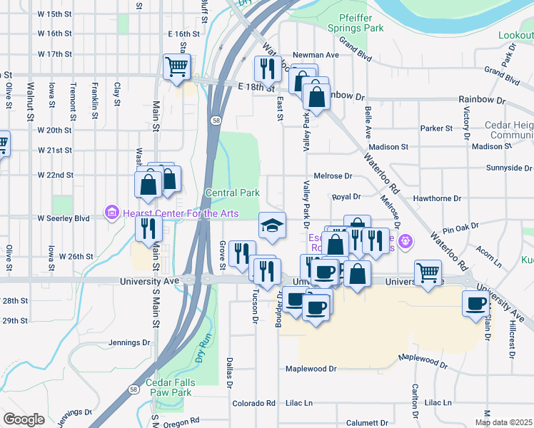 map of restaurants, bars, coffee shops, grocery stores, and more near 610 East Seerley Boulevard in Cedar Falls