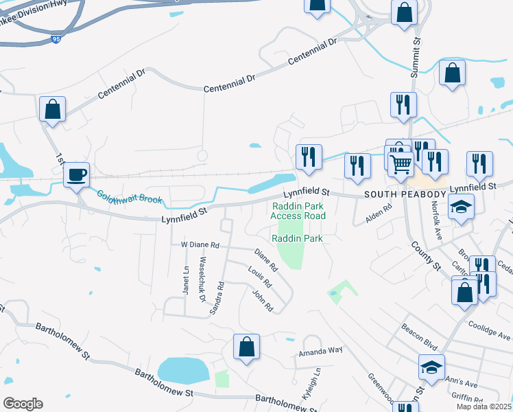 map of restaurants, bars, coffee shops, grocery stores, and more near 166 Lynnfield Street in Peabody