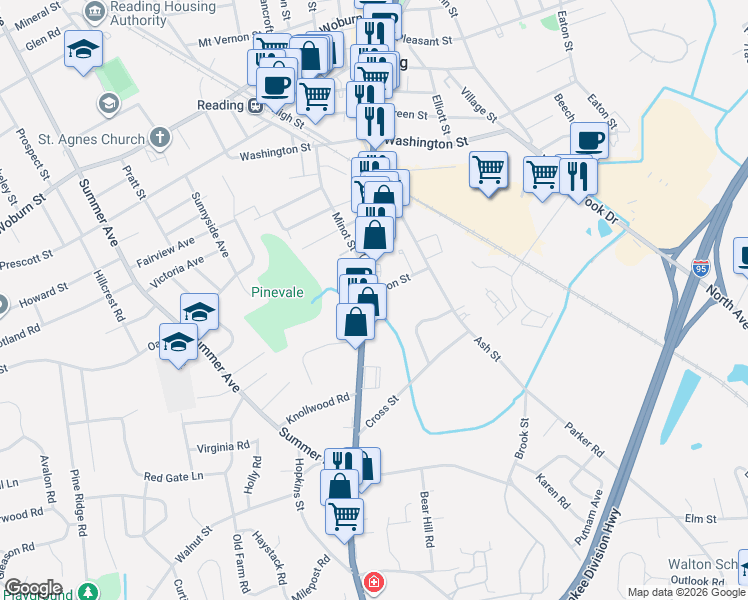 map of restaurants, bars, coffee shops, grocery stores, and more near 295 Main Street in Reading