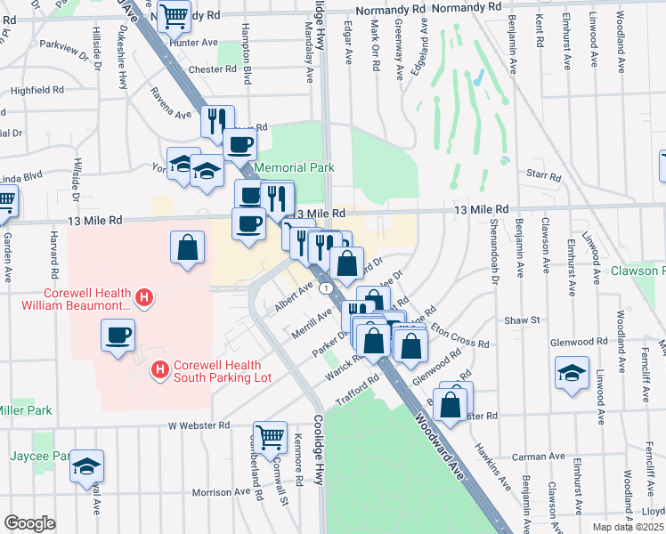 map of restaurants, bars, coffee shops, grocery stores, and more near 30762 Woodward Avenue in Royal Oak