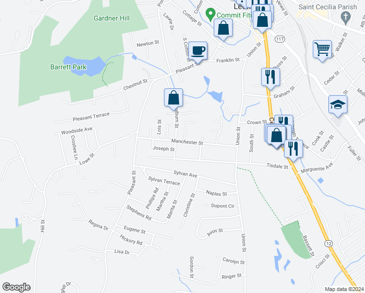 map of restaurants, bars, coffee shops, grocery stores, and more near 102 Manchester Street in Leominster