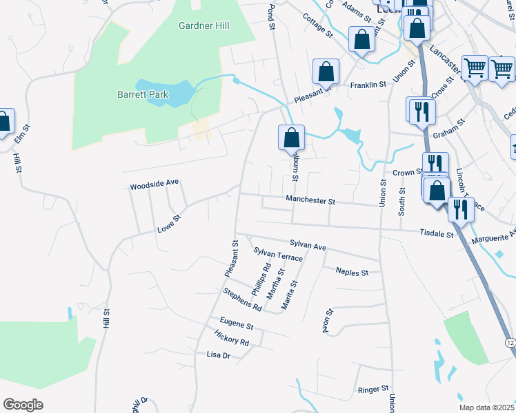 map of restaurants, bars, coffee shops, grocery stores, and more near 11 Woodworth Street in Leominster