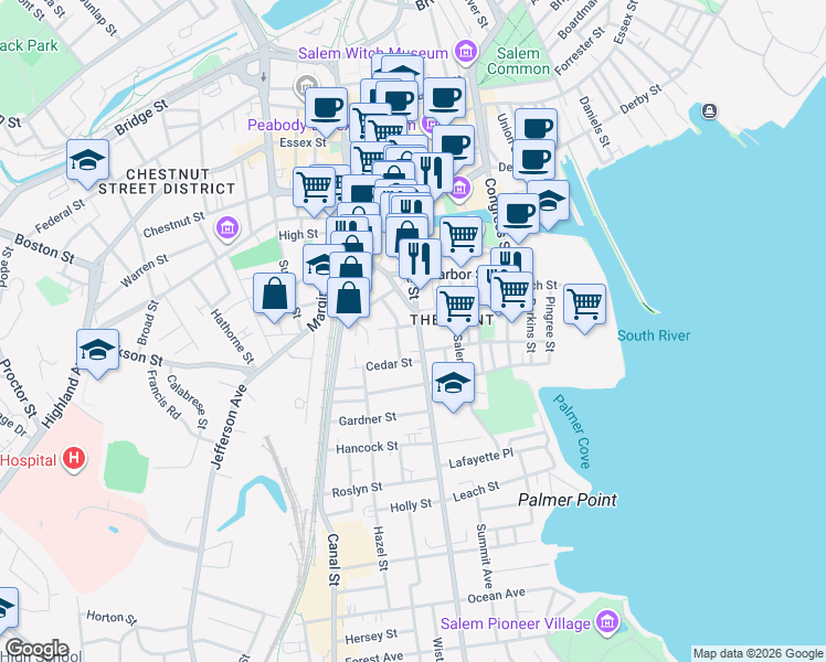 map of restaurants, bars, coffee shops, grocery stores, and more near 154 Lafayette Street in Salem