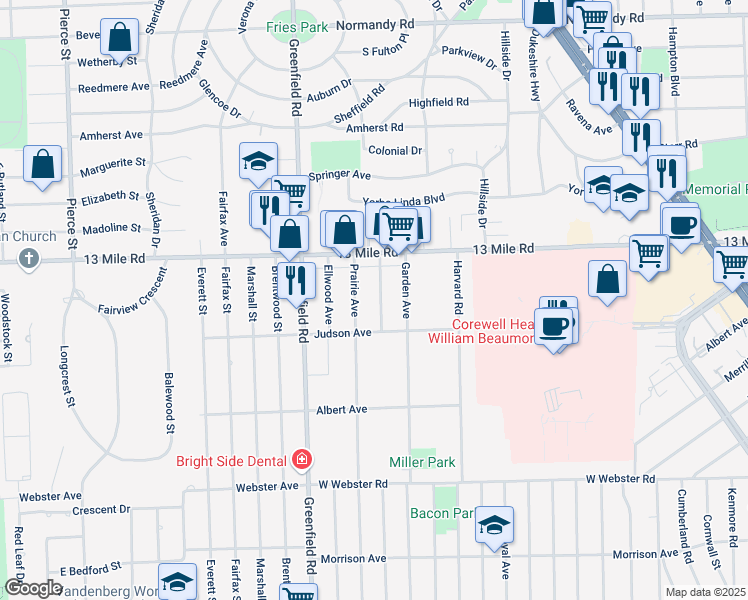 map of restaurants, bars, coffee shops, grocery stores, and more near 3335 Cummings Avenue in Royal Oak