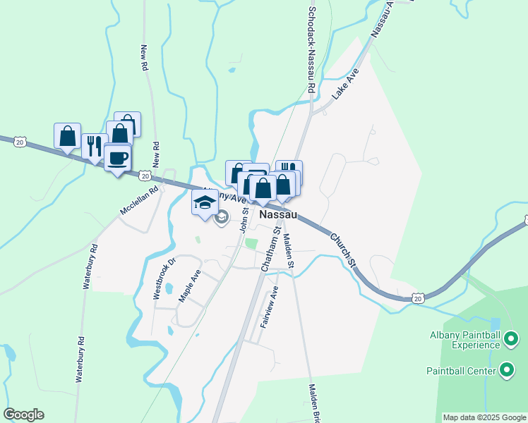 map of restaurants, bars, coffee shops, grocery stores, and more near 15 Albany Avenue in Nassau