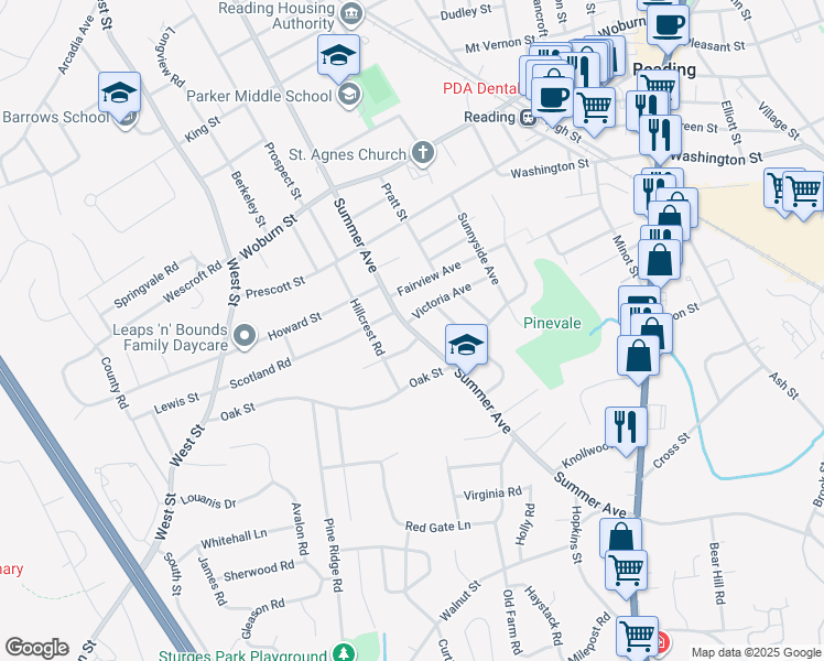 map of restaurants, bars, coffee shops, grocery stores, and more near Summer Avenue in Reading