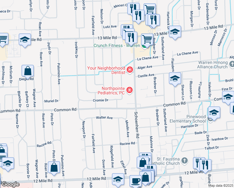 map of restaurants, bars, coffee shops, grocery stores, and more near 13330 Iowa Drive in Warren