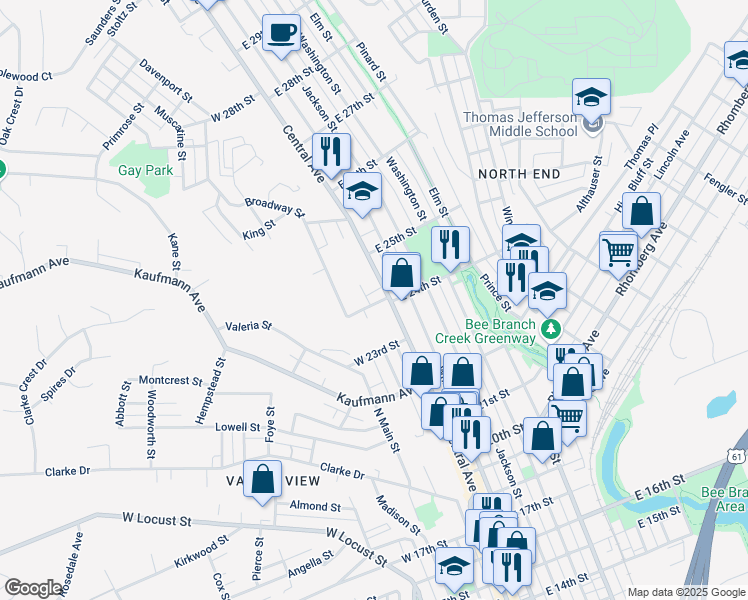 map of restaurants, bars, coffee shops, grocery stores, and more near 75 West 24th Street in Dubuque