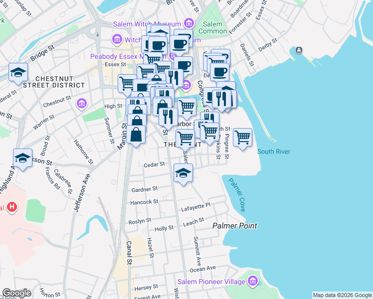 map of restaurants, bars, coffee shops, grocery stores, and more near 40 Salem Street in Salem
