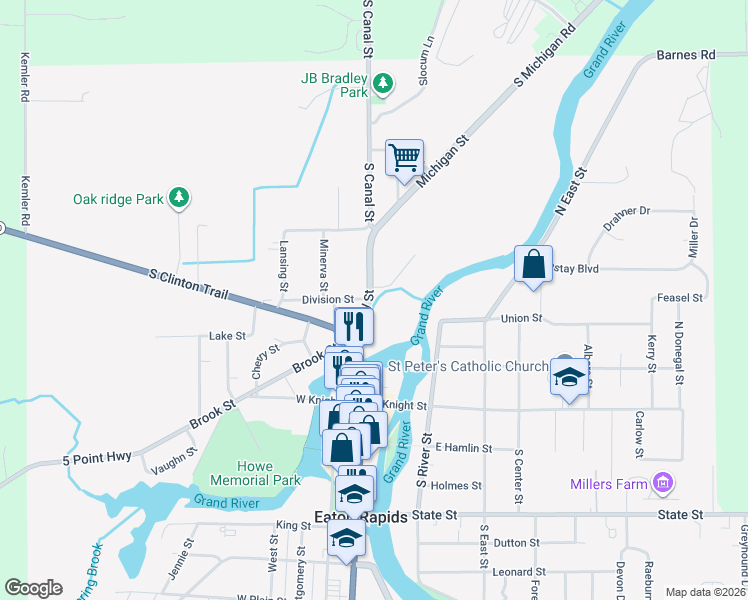 map of restaurants, bars, coffee shops, grocery stores, and more near 332 Canal Street in Eaton Rapids