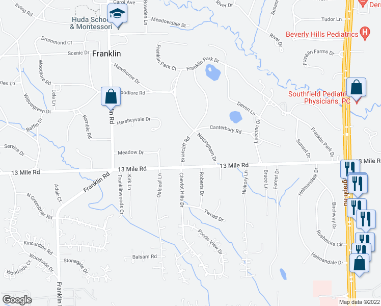 map of restaurants, bars, coffee shops, grocery stores, and more near 31050 Briarcliff Road in Franklin