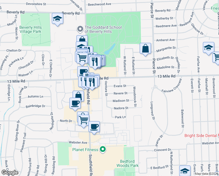 map of restaurants, bars, coffee shops, grocery stores, and more near 17501 Evans Street in Southfield
