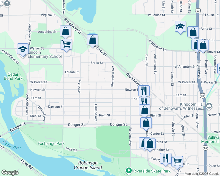 map of restaurants, bars, coffee shops, grocery stores, and more near 704 Newton Street in Waterloo