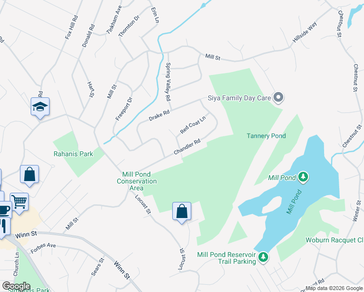 map of restaurants, bars, coffee shops, grocery stores, and more near 33 Chandler Road in Burlington