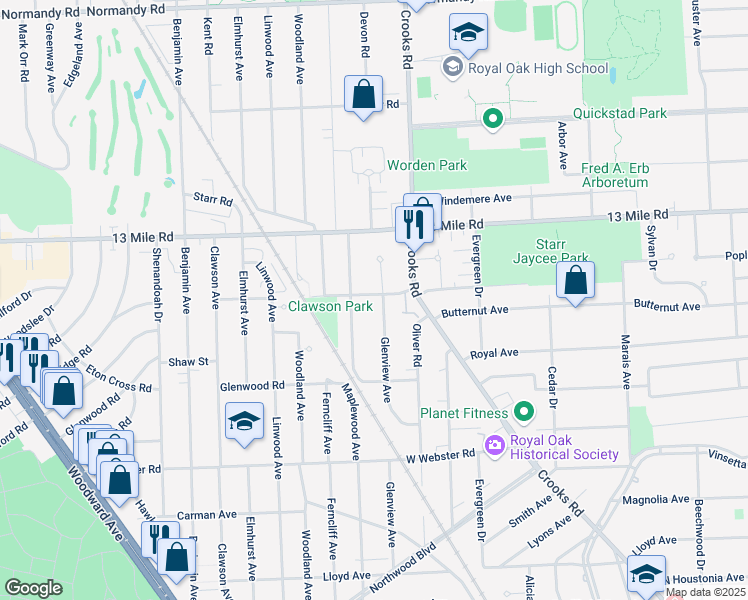map of restaurants, bars, coffee shops, grocery stores, and more near 3030 Glenview Avenue in Royal Oak