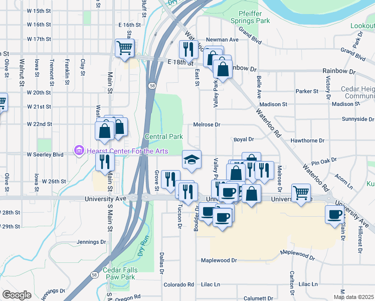 map of restaurants, bars, coffee shops, grocery stores, and more near 618 East Seerley Boulevard in Cedar Falls