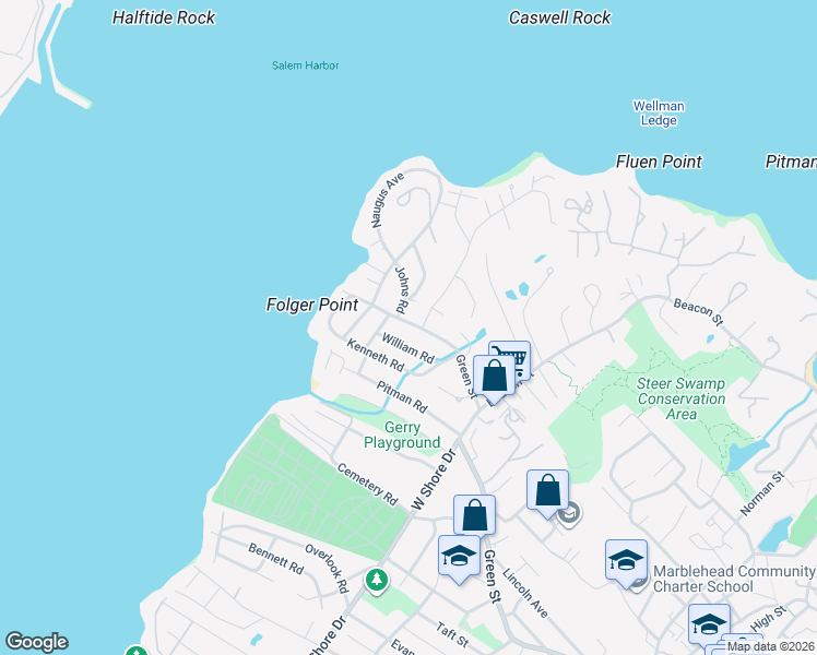 map of restaurants, bars, coffee shops, grocery stores, and more near 214 Green Street in Marblehead