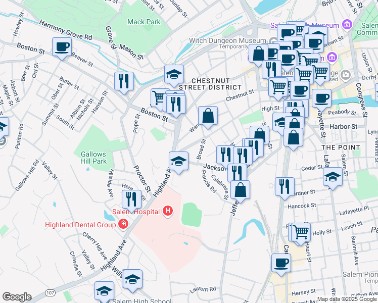 map of restaurants, bars, coffee shops, grocery stores, and more near 15 Dalton Parkway in Salem
