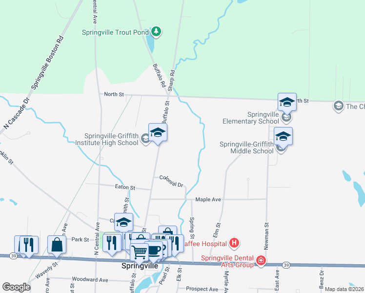 map of restaurants, bars, coffee shops, grocery stores, and more near 277 North Buffalo Street in Springville