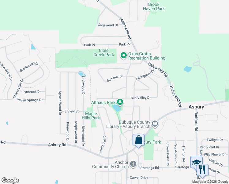 map of restaurants, bars, coffee shops, grocery stores, and more near 5697 Sunset Dr in Dubuque