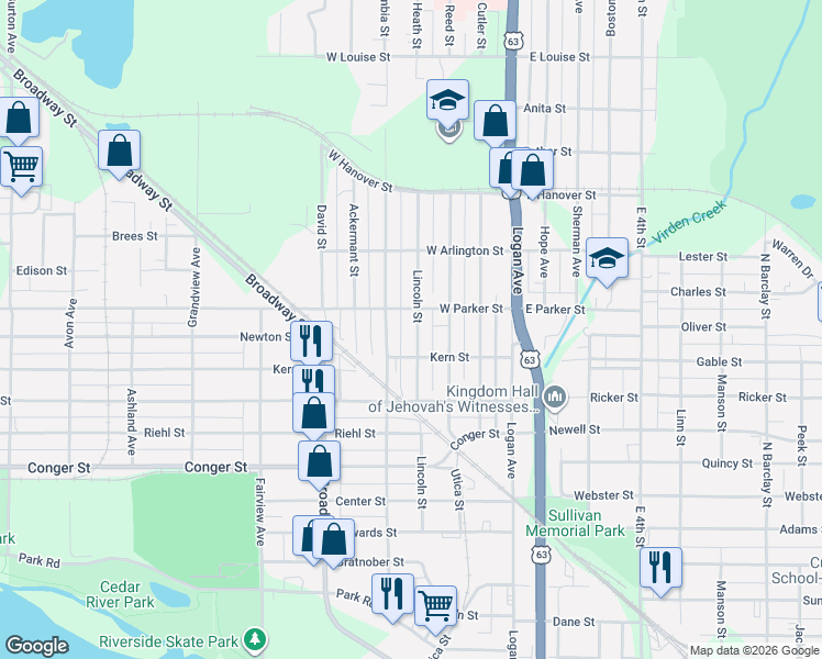 map of restaurants, bars, coffee shops, grocery stores, and more near 1026 Lincoln Street in Waterloo