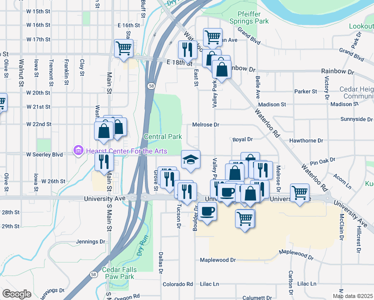 map of restaurants, bars, coffee shops, grocery stores, and more near 618 East Seerley Boulevard in Cedar Falls