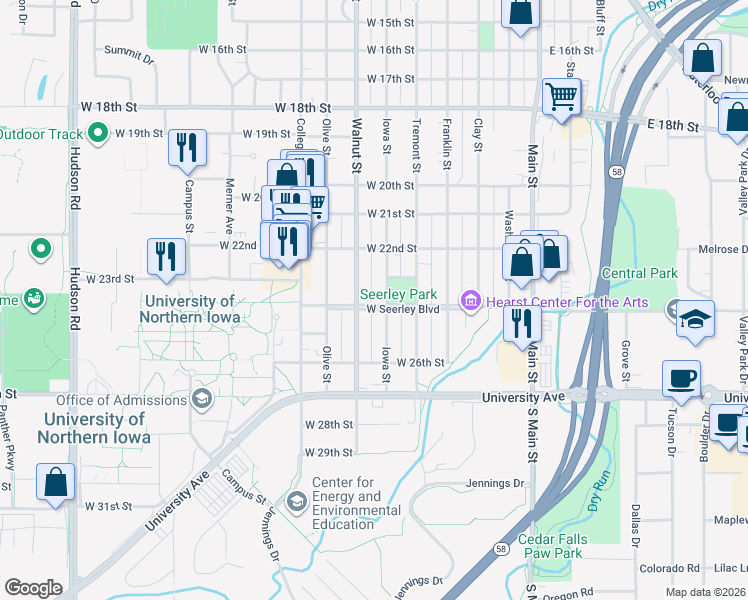 map of restaurants, bars, coffee shops, grocery stores, and more near 611 West Seerley Boulevard in Cedar Falls
