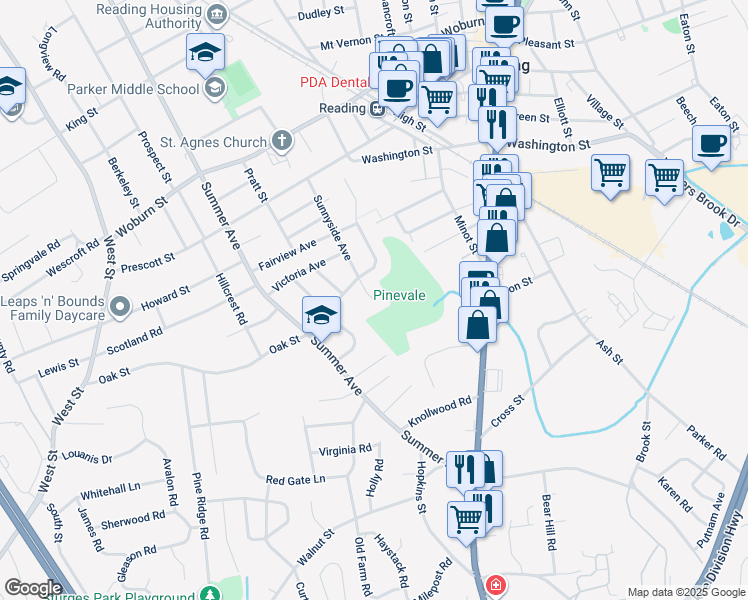 map of restaurants, bars, coffee shops, grocery stores, and more near 98 Sunnyside Avenue in Reading