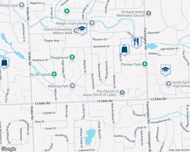 map of restaurants, bars, coffee shops, grocery stores, and more near 29790 Ravenscroft in Farmington Hills