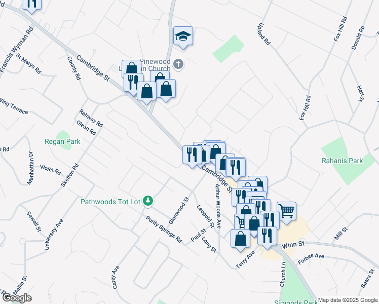 map of restaurants, bars, coffee shops, grocery stores, and more near 304 Cambridge Street in Burlington