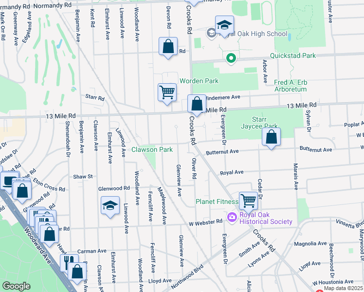 map of restaurants, bars, coffee shops, grocery stores, and more near 3030 Glenview Avenue in Royal Oak