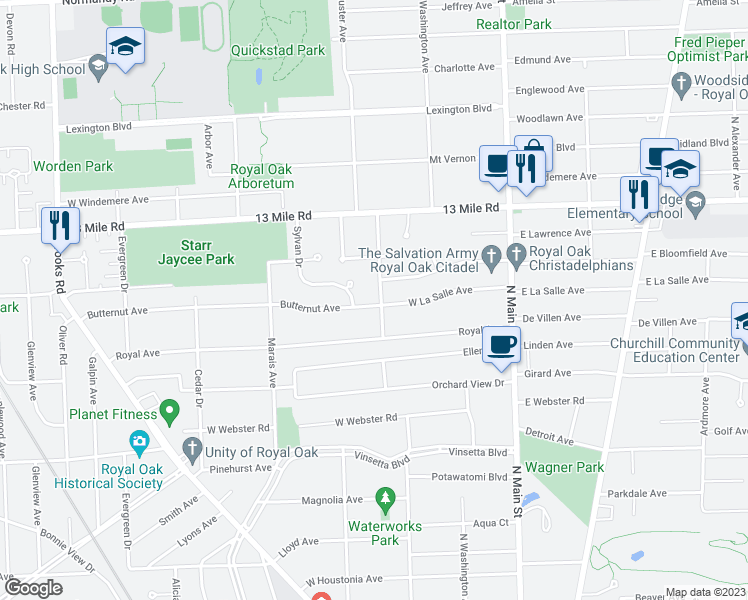 map of restaurants, bars, coffee shops, grocery stores, and more near 604 Butternut Avenue in Royal Oak