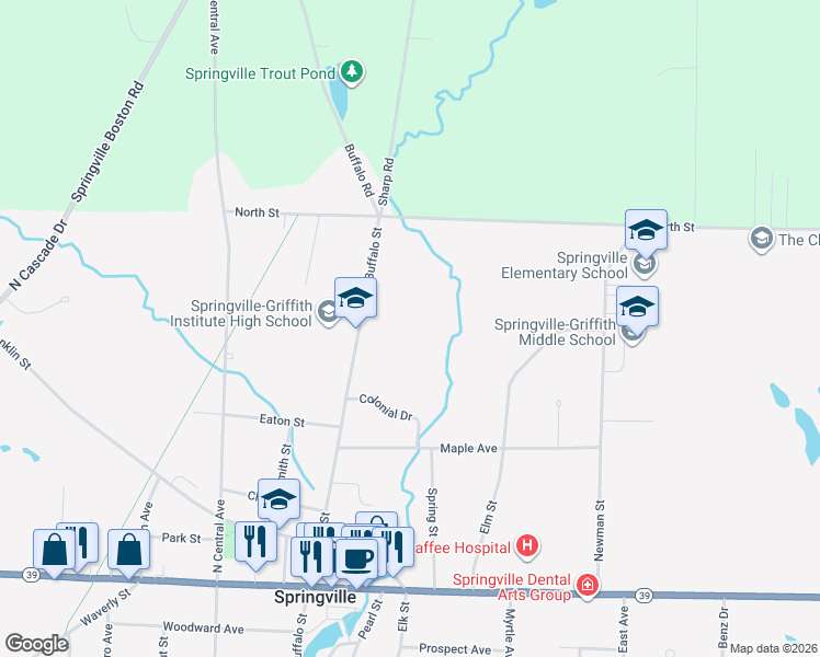 map of restaurants, bars, coffee shops, grocery stores, and more near 277 North Buffalo Street in Springville