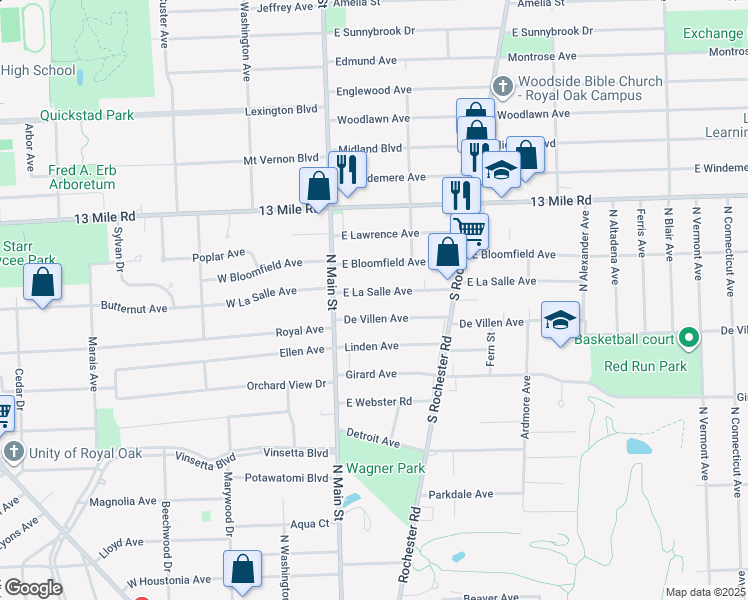 map of restaurants, bars, coffee shops, grocery stores, and more near 140 East La Salle Avenue in Royal Oak