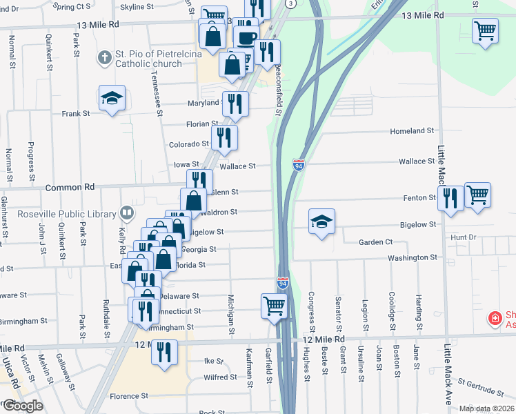 map of restaurants, bars, coffee shops, grocery stores, and more near 19569 Waldron Street in Roseville
