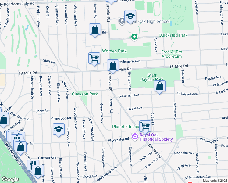 map of restaurants, bars, coffee shops, grocery stores, and more near 3020 Crooks Road in Royal Oak