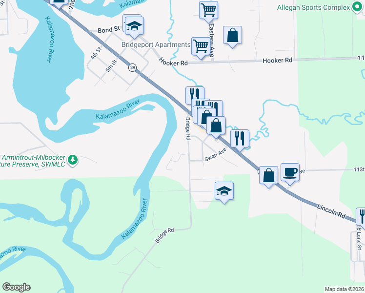 map of restaurants, bars, coffee shops, grocery stores, and more near 210 Bridge Road in Allegan