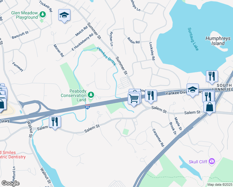 map of restaurants, bars, coffee shops, grocery stores, and more near 23 Pyburn Road in Lynnfield