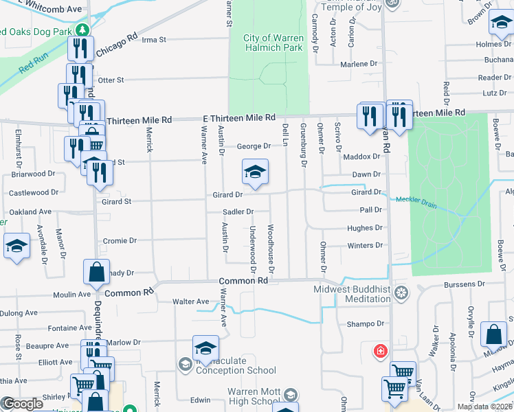 map of restaurants, bars, coffee shops, grocery stores, and more near 2809 Sadler Drive in Warren