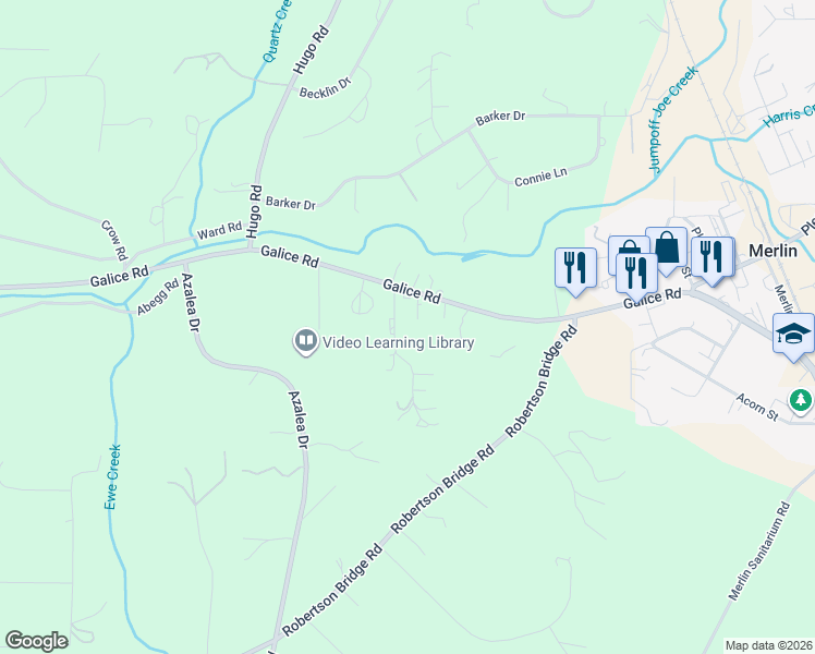 map of restaurants, bars, coffee shops, grocery stores, and more near 577 Galice Road in Merlin