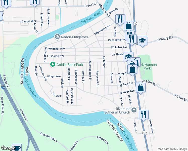map of restaurants, bars, coffee shops, grocery stores, and more near 1150 Wright Avenue in Sioux City