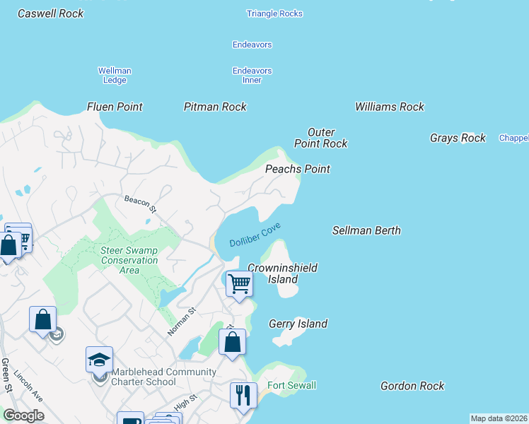 map of restaurants, bars, coffee shops, grocery stores, and more near 17 Crowninshield Road in Marblehead